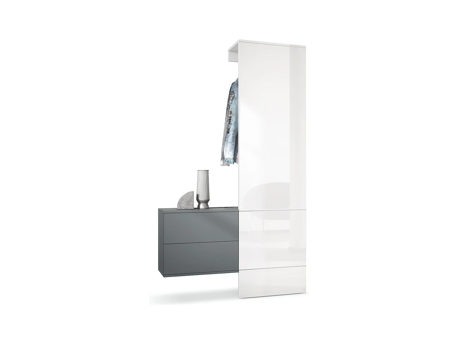 Penderie Carlton Set 2, Meuble d’entrée comprenant 1 panneau porte-manteau, 1 coffre à tiroir, anthracite mat/blanc haute brillance (105 x 193 x 35 cm)
