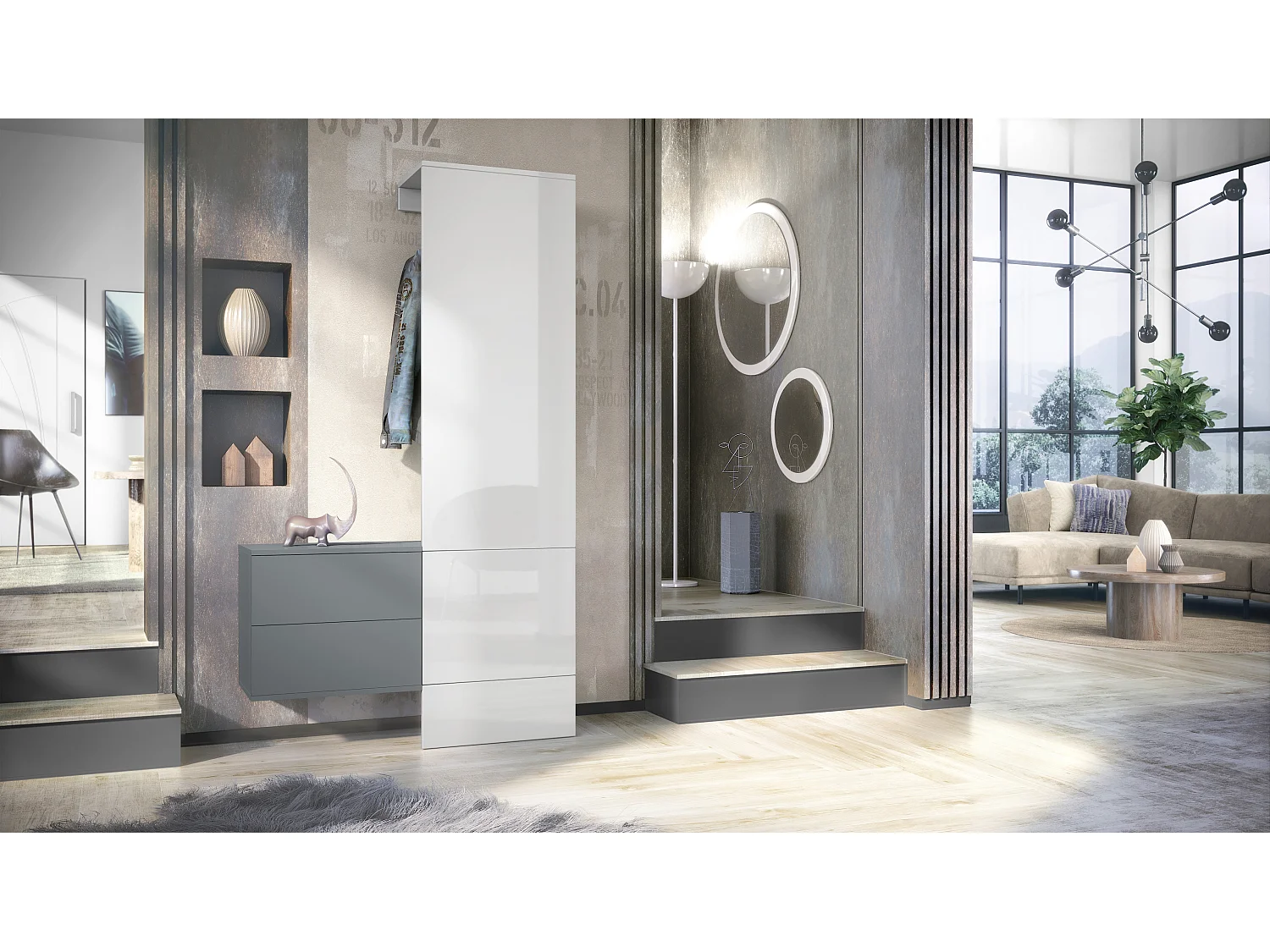 Penderie Carlton Set 2, Meuble d’entrée comprenant 1 panneau porte-manteau, 1 coffre à tiroir, anthracite mat/blanc haute brillance (105 x 193 x 35 cm)