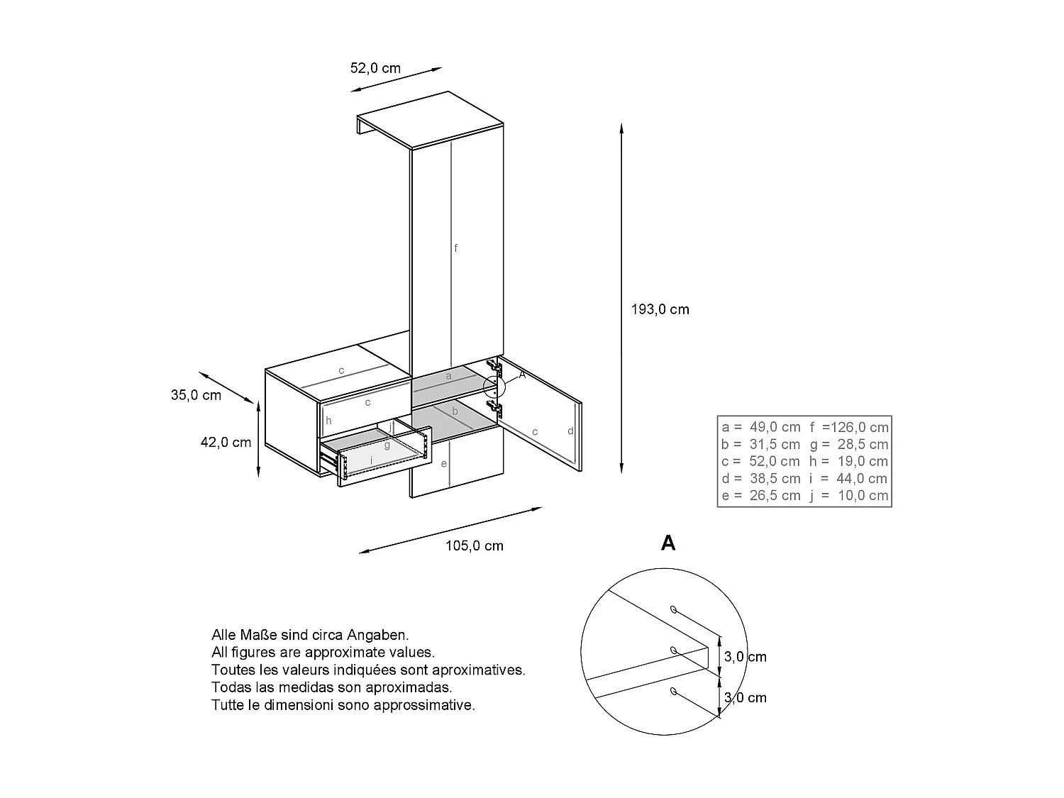 Penderie Carlton Set 2, Meuble d’entrée comprenant 1 panneau porte-manteau, 1 coffre à tiroir, anthracite mat/blanc haute brillance (105 x 193 x 35 cm)