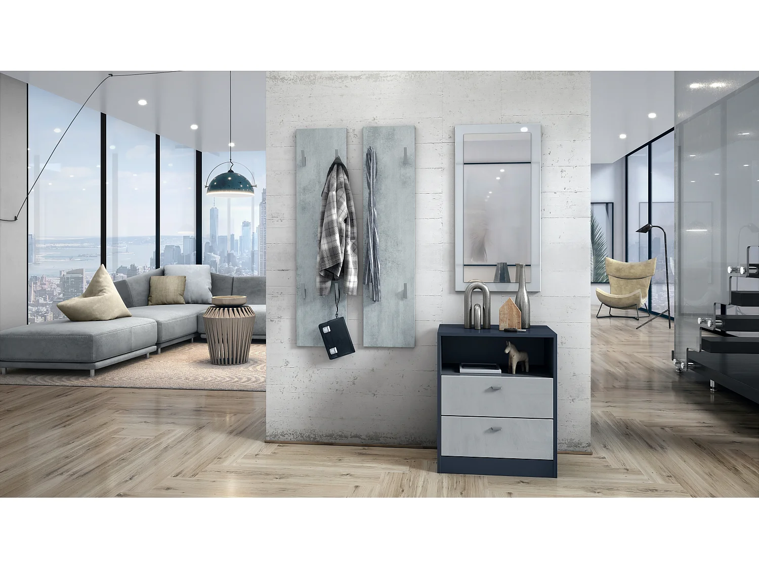 Panneau mural 120, Panneau de porte-manteau comprenant 2 panneaux, Aspect Béton Oxyde (28 x 120 x 2 cm chacun)