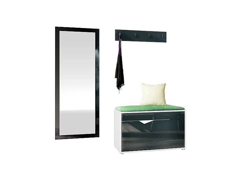 Ensemble Vestiaire Hanko : Comprend 1 Banc à Chaussures, 1 Porte-Manteau et 1 Miroir Murale, blanc mat/noir haute brillance