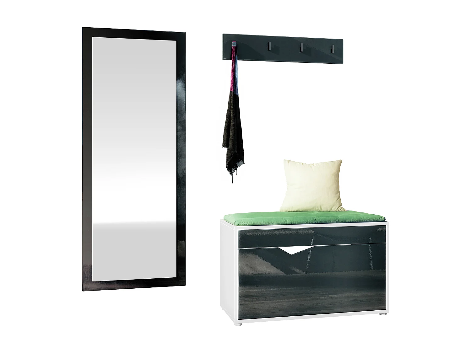 Ensemble Vestiaire Hanko : Comprend 1 Banc à Chaussures, 1 Porte-Manteau et 1 Miroir Murale, blanc mat/noir haute brillance