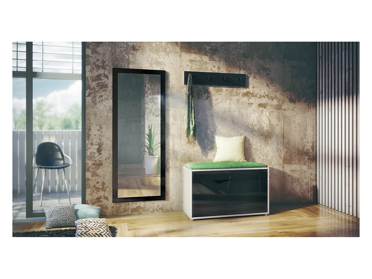 Ensemble Vestiaire Hanko : Comprend 1 Banc à Chaussures, 1 Porte-Manteau et 1 Miroir Murale, blanc mat/noir haute brillance