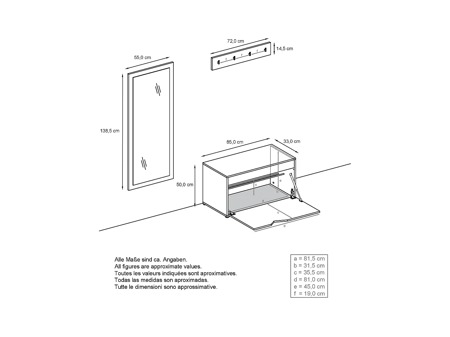 Ensemble Vestiaire Hanko : Comprend 1 Banc à Chaussures, 1 Porte-Manteau et 1 Miroir Murale, blanc mat/noir haute brillance