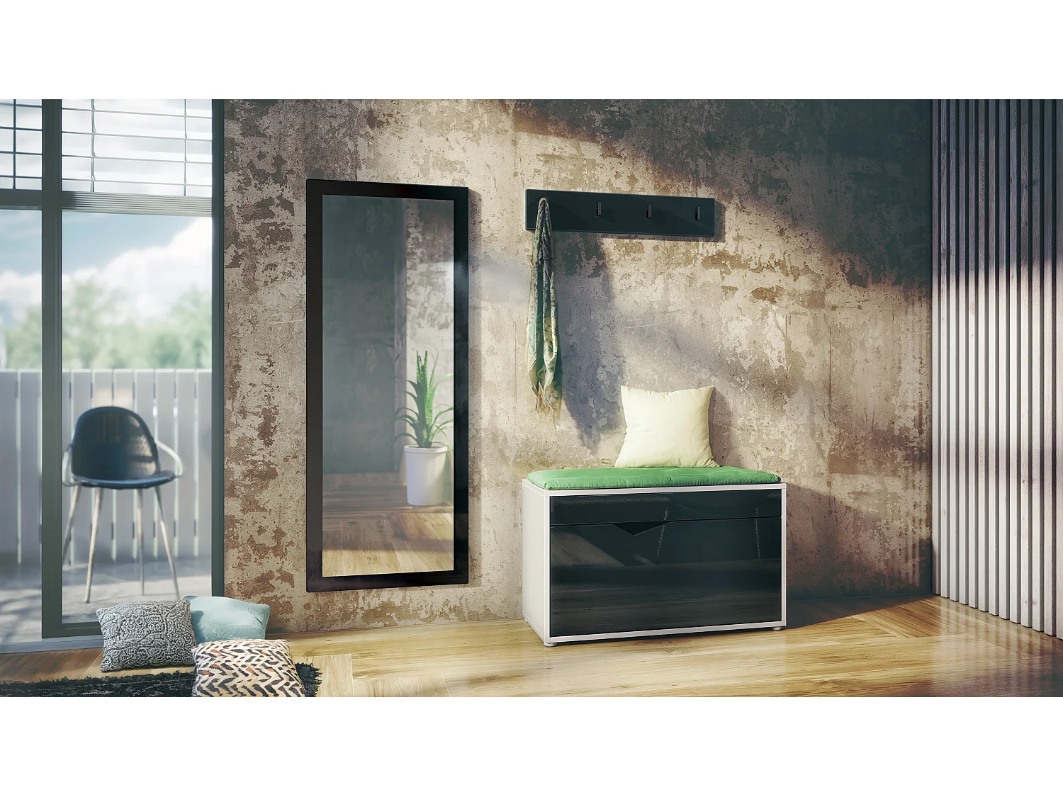 Ensemble Vestiaire Hanko : Comprend 1 Banc à Chaussures, 1 Porte-Manteau et 1 Miroir Murale, blanc mat/noir haute brillance