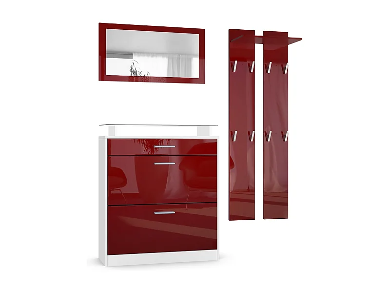 Penderie Loret Mini, Meuble d’entrée comprenant 1 commode à chaussures, 1 miroir mural et 2 panneaux porte-manteaux, Blanc mat/Bordeaux haute brillance