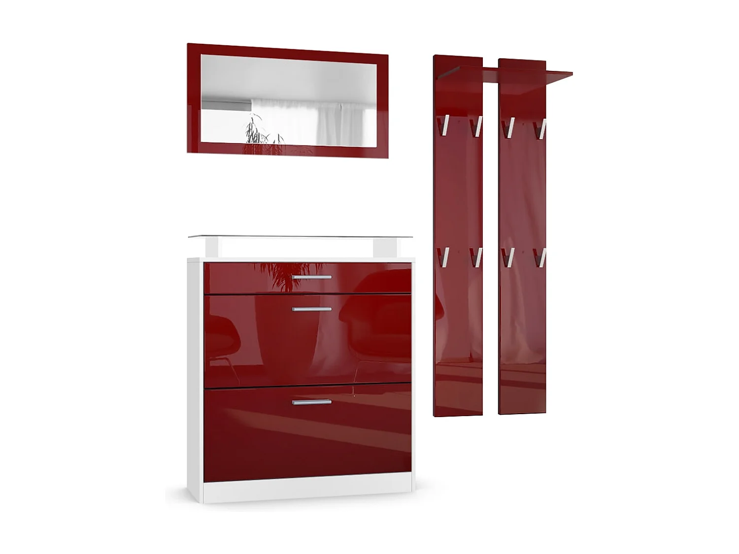 Penderie Loret Mini, Meuble d’entrée comprenant 1 commode à chaussures, 1 miroir mural et 2 panneaux porte-manteaux, Blanc mat/Bordeaux haute brillance