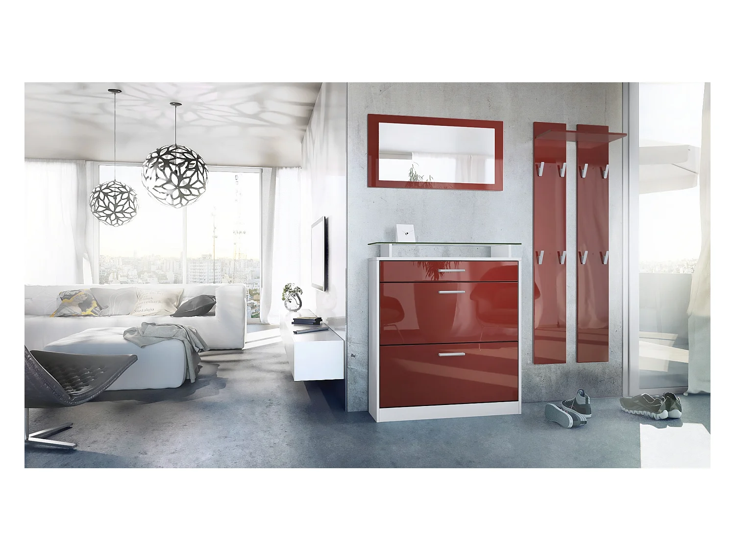 Penderie Loret Mini, Meuble d’entrée comprenant 1 commode à chaussures, 1 miroir mural et 2 panneaux porte-manteaux, Blanc mat/Bordeaux haute brillance