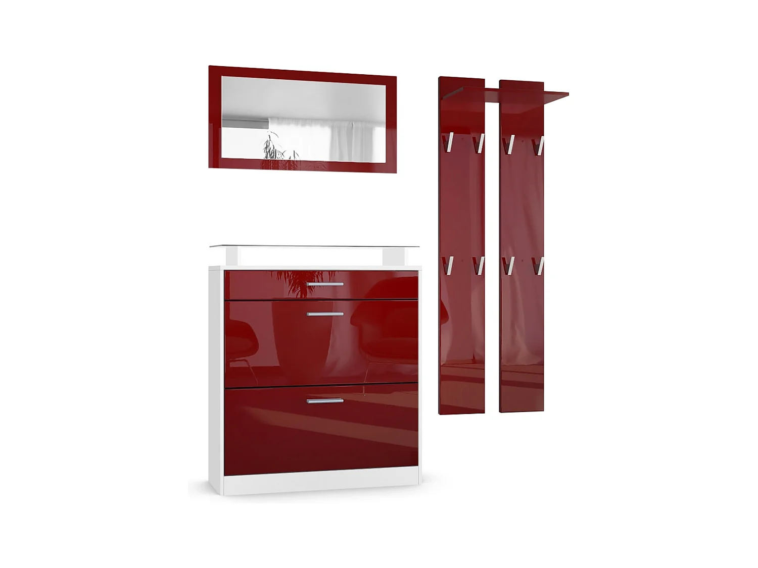 Penderie Loret Mini, Meuble d’entrée comprenant 1 commode à chaussures, 1 miroir mural et 2 panneaux porte-manteaux, Blanc mat/Bordeaux haute brillance