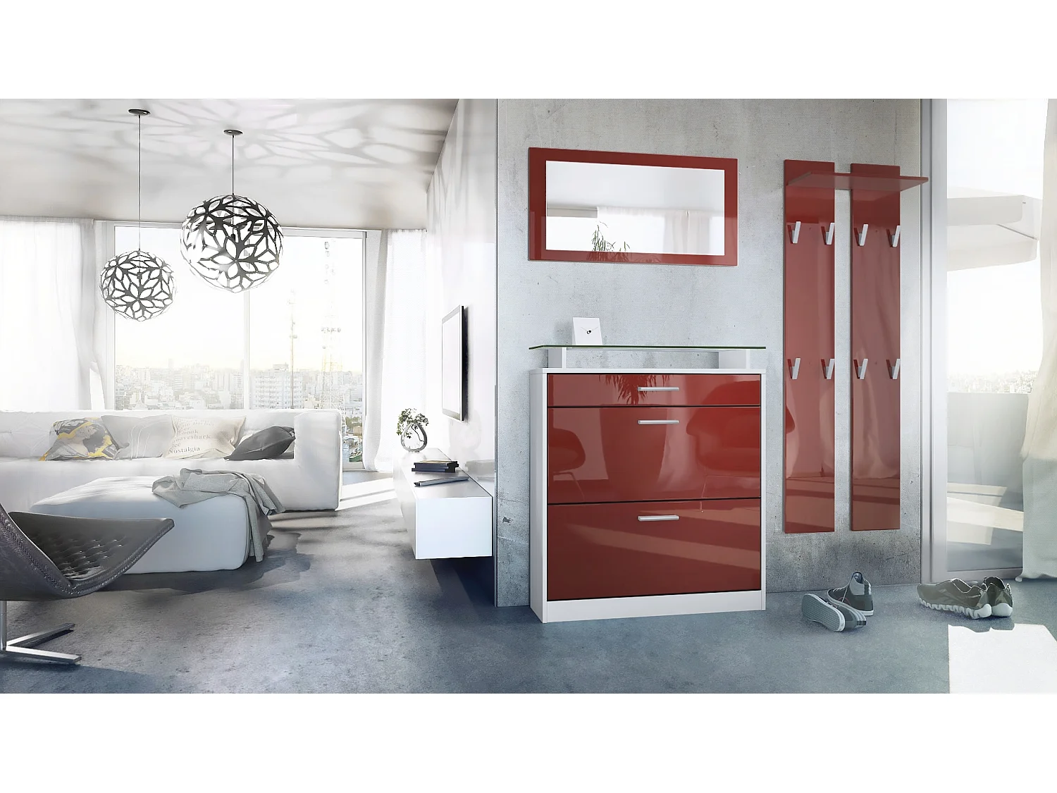 Penderie Loret Mini, Meuble d’entrée comprenant 1 commode à chaussures, 1 miroir mural et 2 panneaux porte-manteaux, Blanc mat/Bordeaux haute brillance