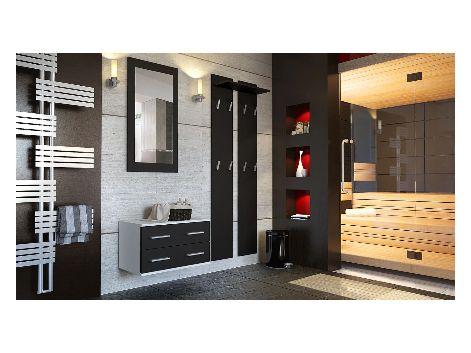 Ensemble de meubles d'entrée Kioto, Corps en Blanc mat / Façades en Noir mat