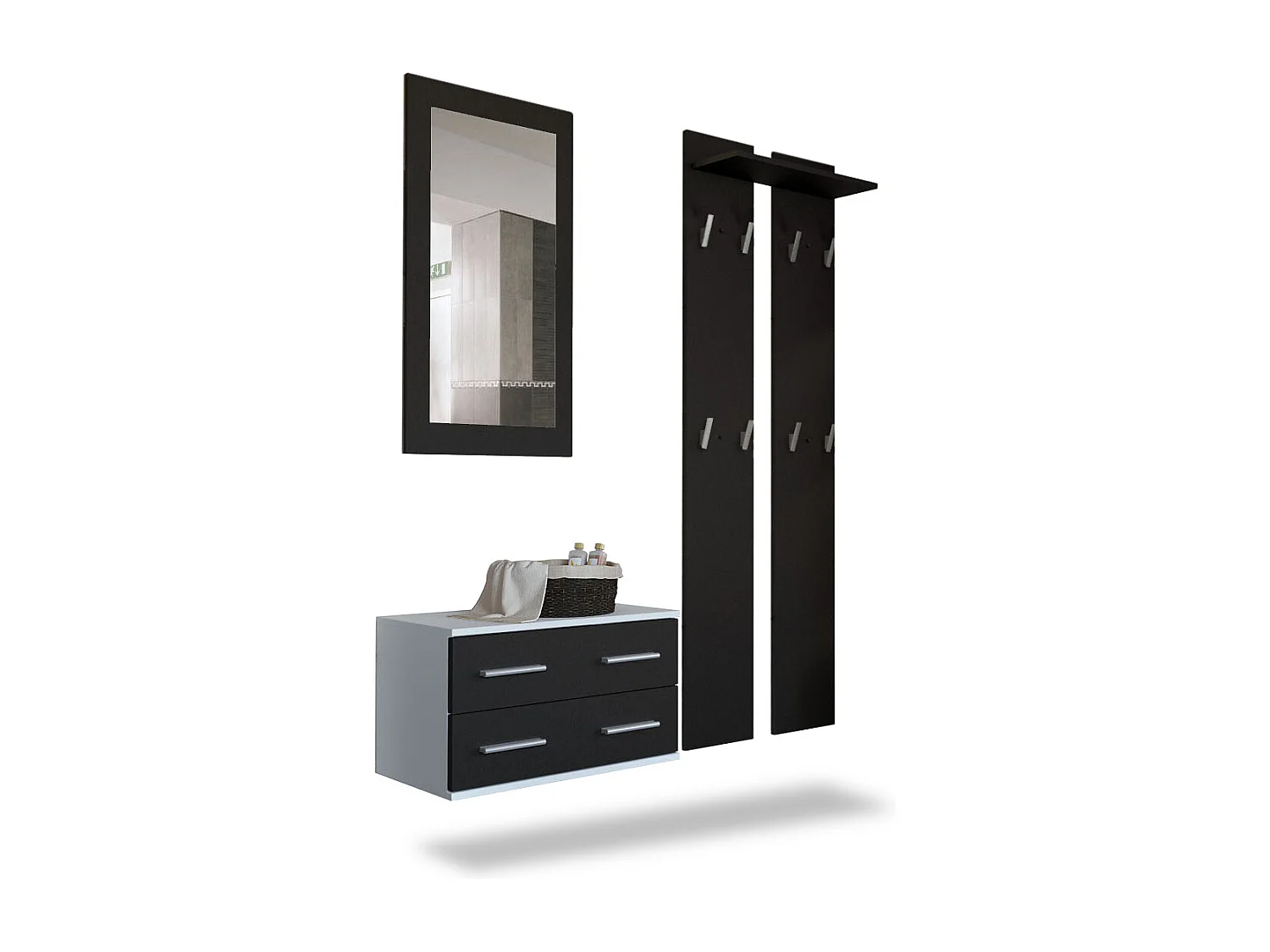 Ensemble de meubles d'entrée Kioto, Corps en Blanc mat / Façades en Noir mat