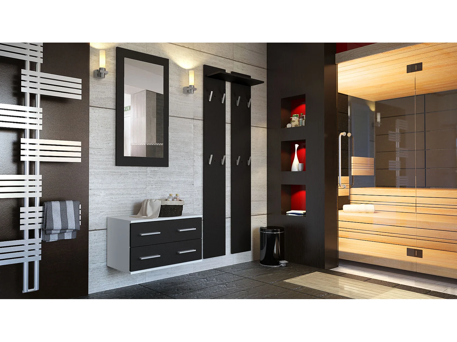 Ensemble de meubles d'entrée Kioto, Corps en Blanc mat / Façades en Noir mat