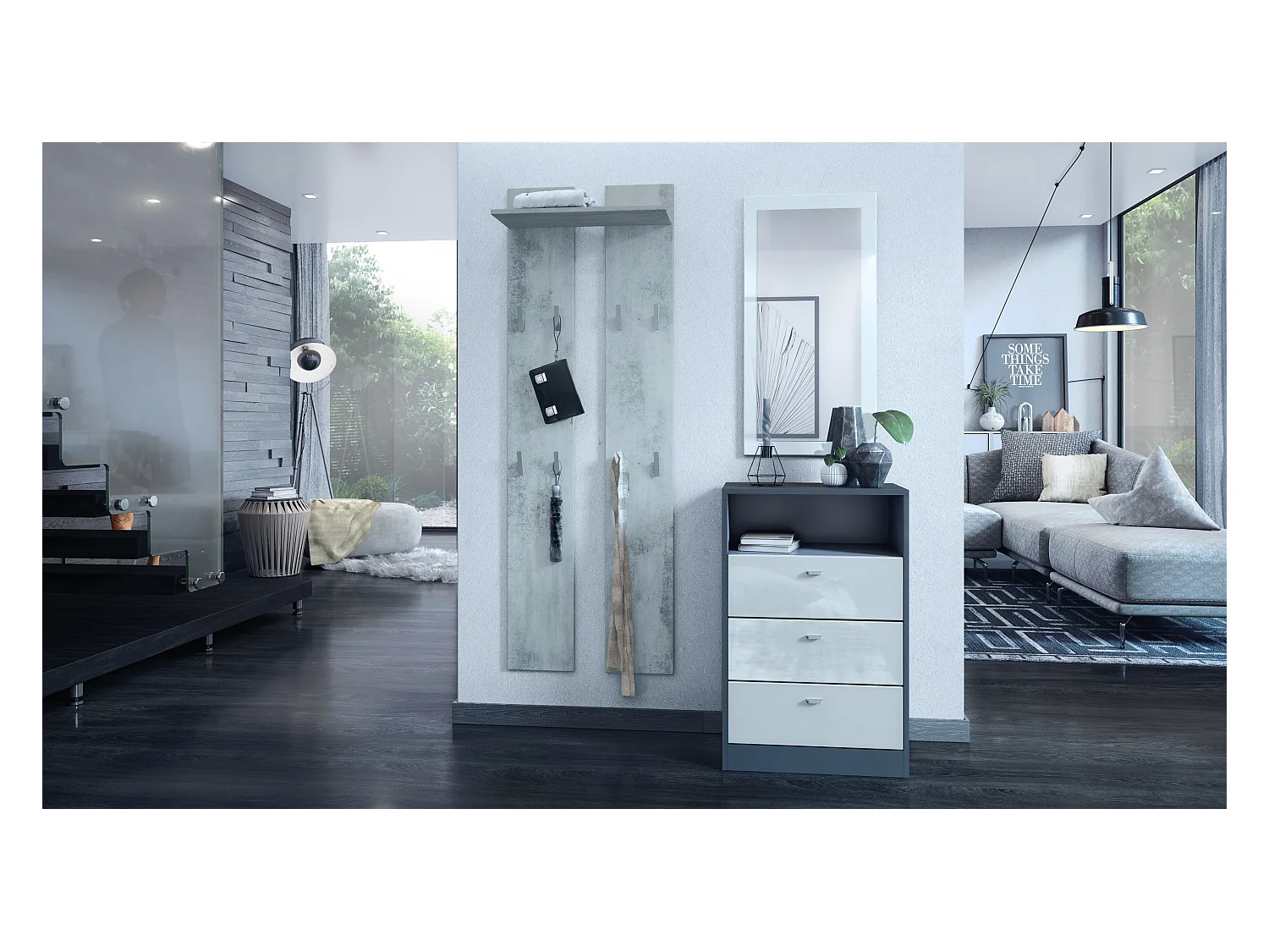 Panneau mural 170, Meuble porte-manteau composé de 2 panneaux et 1 étagère, aspect béton oxyde (57 x 170 x 20 cm)