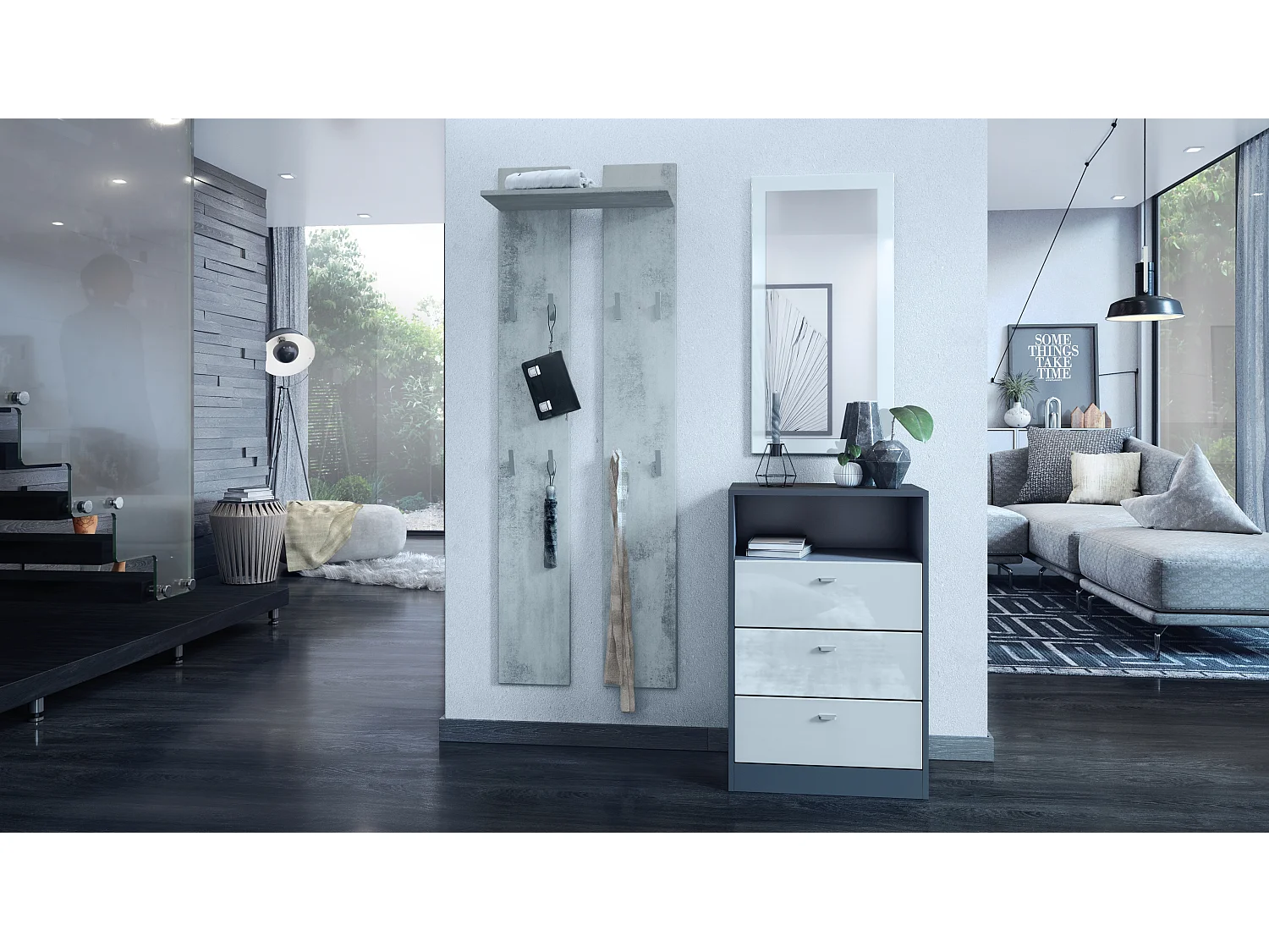 Panneau mural 170, Meuble porte-manteau composé de 2 panneaux et 1 étagère, aspect béton oxyde (57 x 170 x 20 cm)