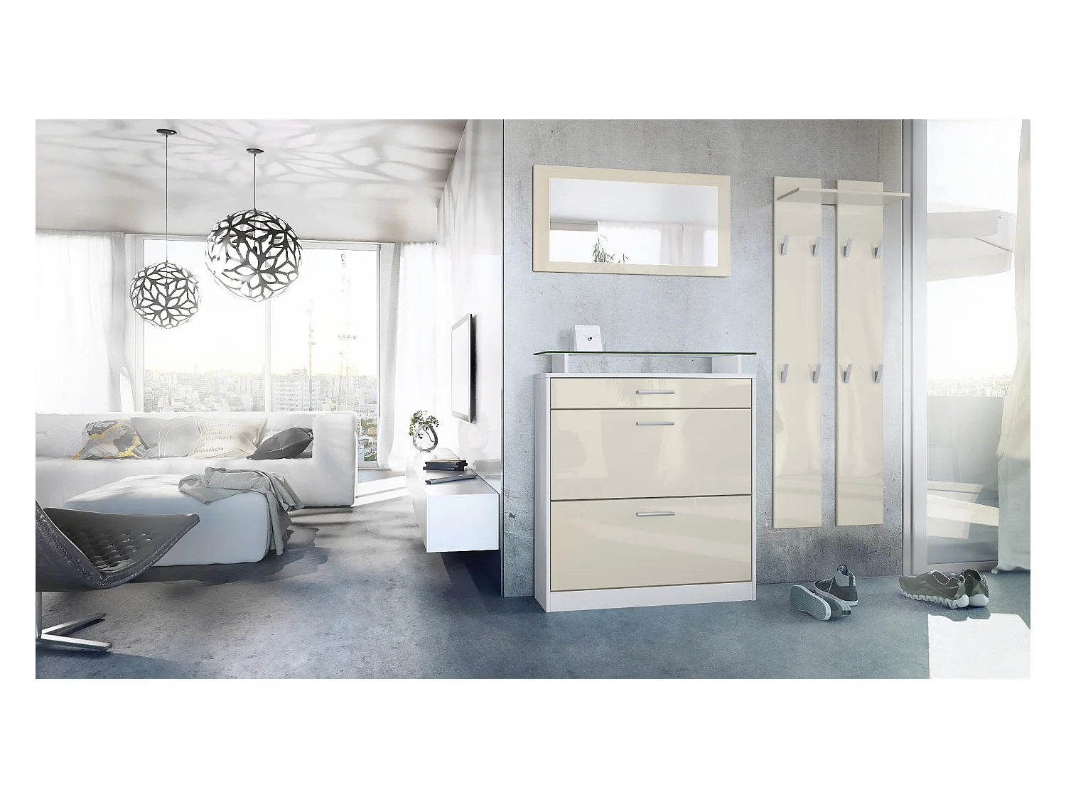 Penderie Loret Mini, Meuble d’entrée comprenant 1 commode à chaussures, 1 miroir mural et 2 panneaux porte-manteaux, Blanc mat/Crème haute brillance