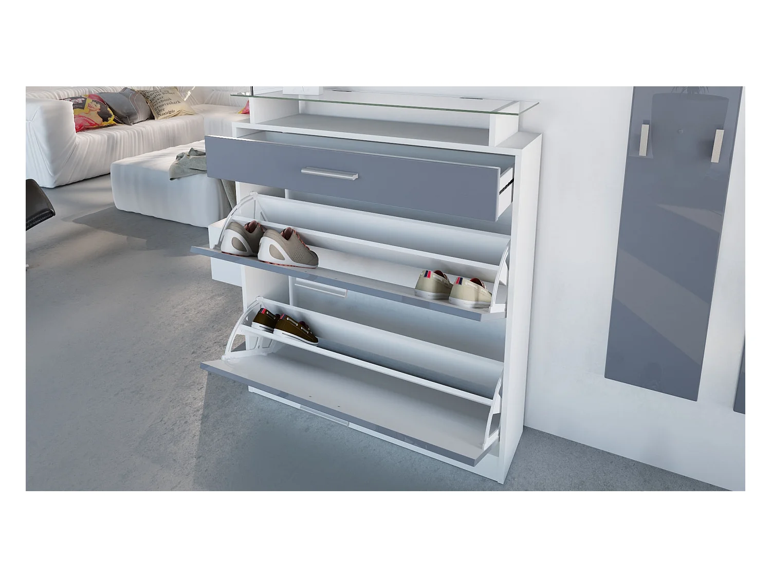 Penderie Loret Mini, Meuble d’entrée comprenant 1 commode à chaussures, 1 miroir mural et 2 panneaux porte-manteaux, Blanc mat/Crème haute brillance