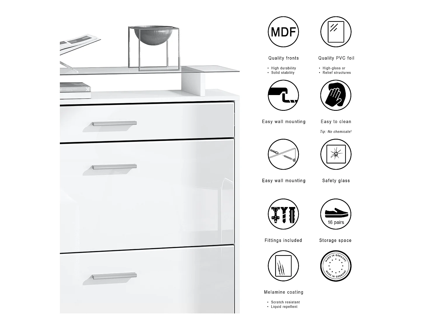 Penderie Loret Mini, Meuble d’entrée comprenant 1 commode à chaussures, 1 miroir mural et 2 panneaux porte-manteaux, Blanc mat/Crème haute brillance