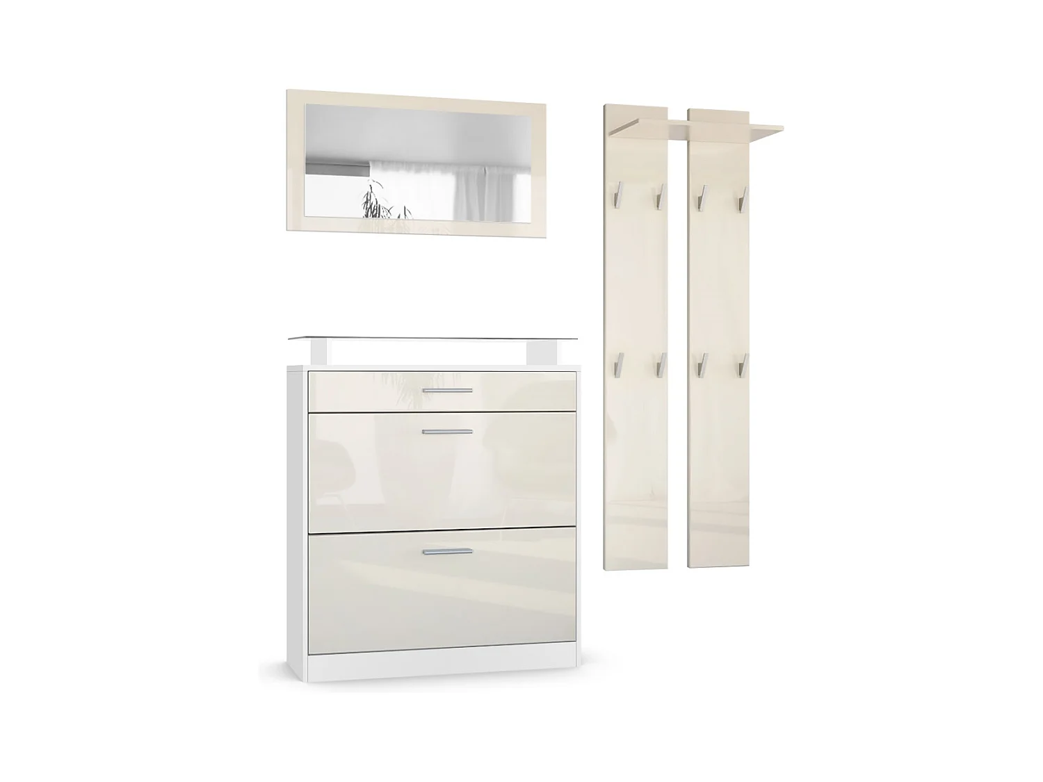 Penderie Loret Mini, Meuble d’entrée comprenant 1 commode à chaussures, 1 miroir mural et 2 panneaux porte-manteaux, Blanc mat/Crème haute brillance