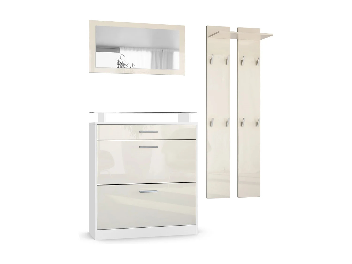 Penderie Loret Mini, Meuble d’entrée comprenant 1 commode à chaussures, 1 miroir mural et 2 panneaux porte-manteaux, Blanc mat/Crème haute brillance