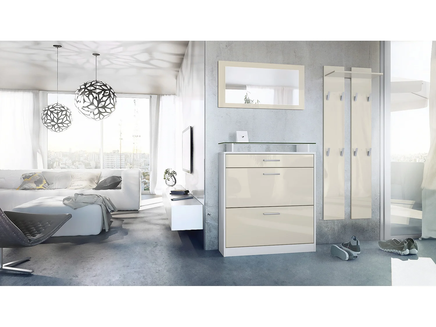 Penderie Loret Mini, Meuble d’entrée comprenant 1 commode à chaussures, 1 miroir mural et 2 panneaux porte-manteaux, Blanc mat/Crème haute brillance