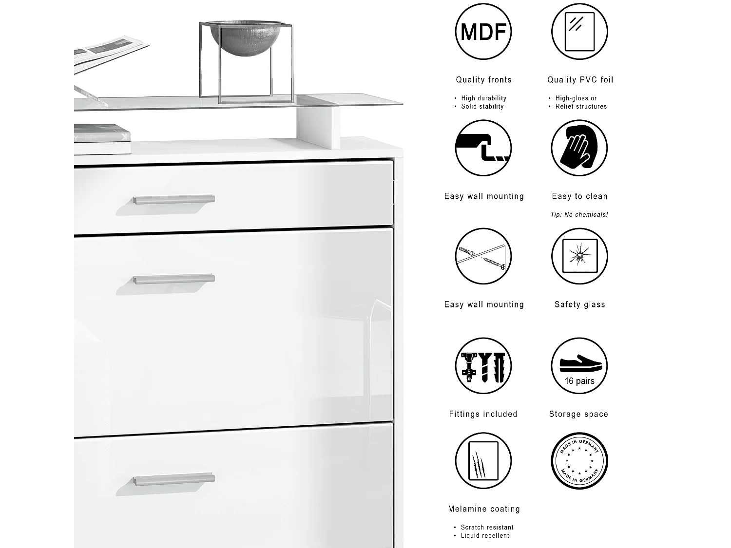 Penderie Loret Mini, Meuble d’entrée comprenant 1 commode à chaussures, 1 miroir mural et 2 panneaux porte-manteaux, Blanc mat/Crème haute brillance