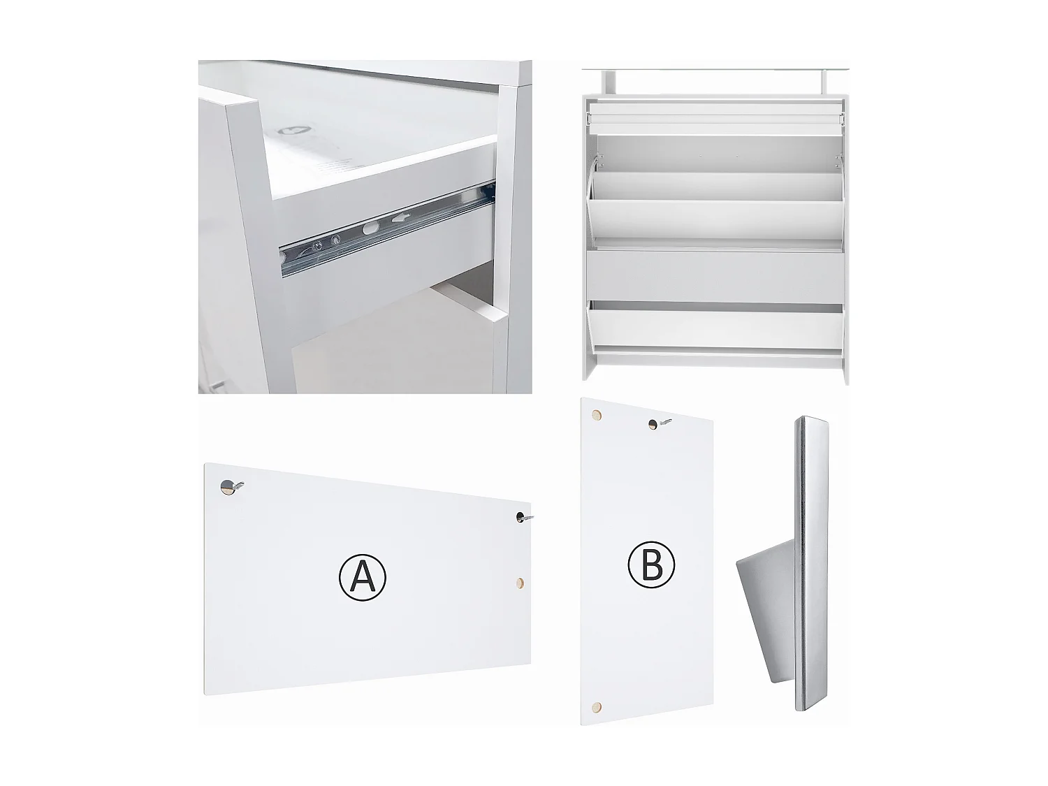 Penderie Loret Mini, Meuble d’entrée comprenant 1 commode à chaussures, 1 miroir mural et 2 panneaux porte-manteaux, Blanc mat/Crème haute brillance