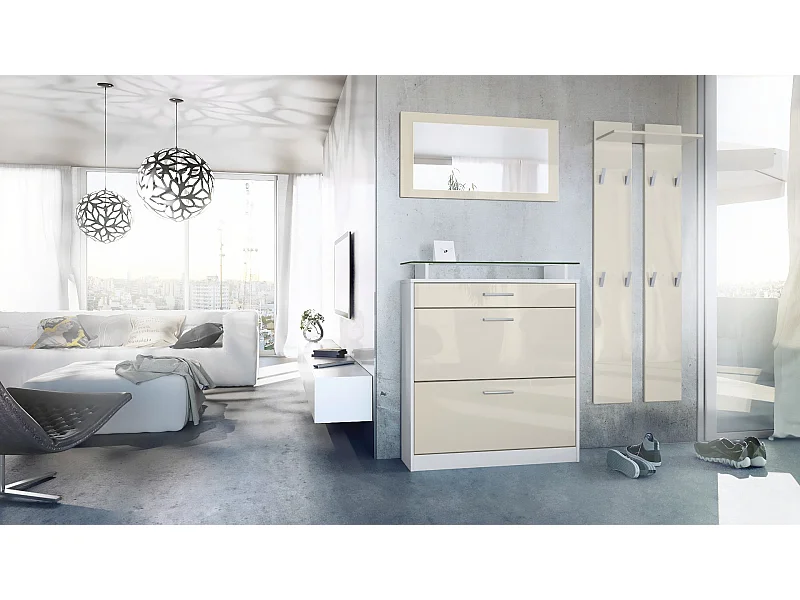 Vladon Mueble recibidor Loret mini, Mueble de entrada compuesto por 1 Zapatero, 1 Espejo de pared y 2 Percheros, Blanco mate/Crema de alto brillo