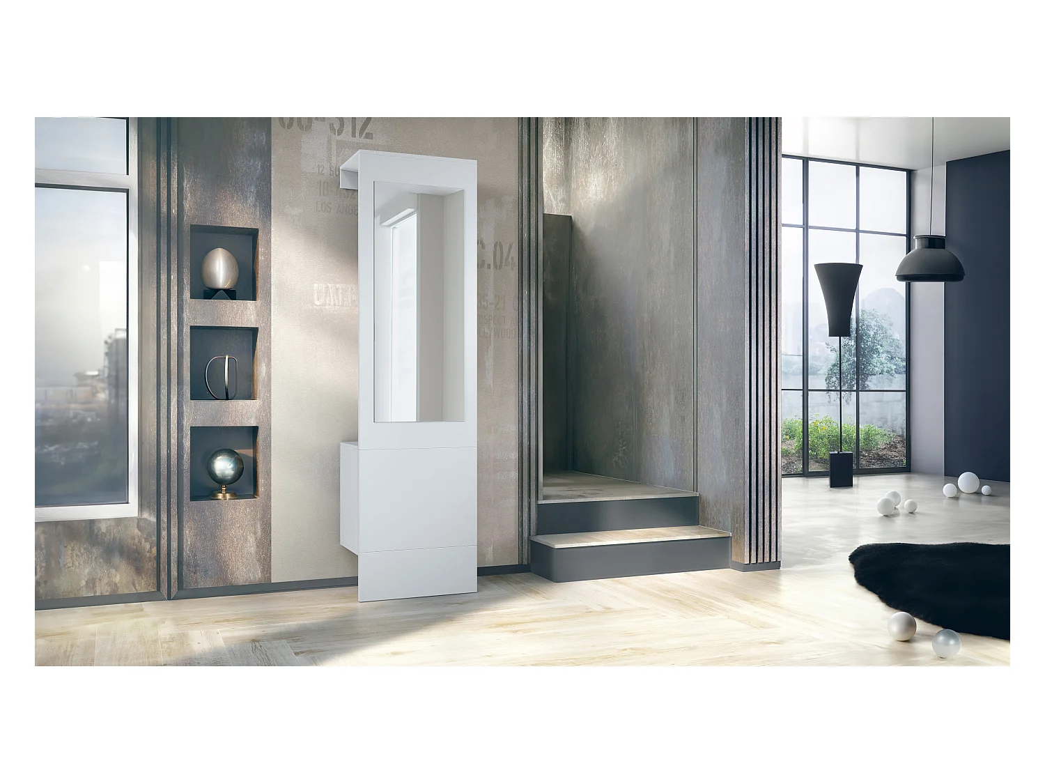 Garde-robe Carlton Neo, Porte-manteau mural avec panneau d'entrée, miroir, tringle à vêtements et armoire murale, blanc mat (52 x 193 x 35 cm)