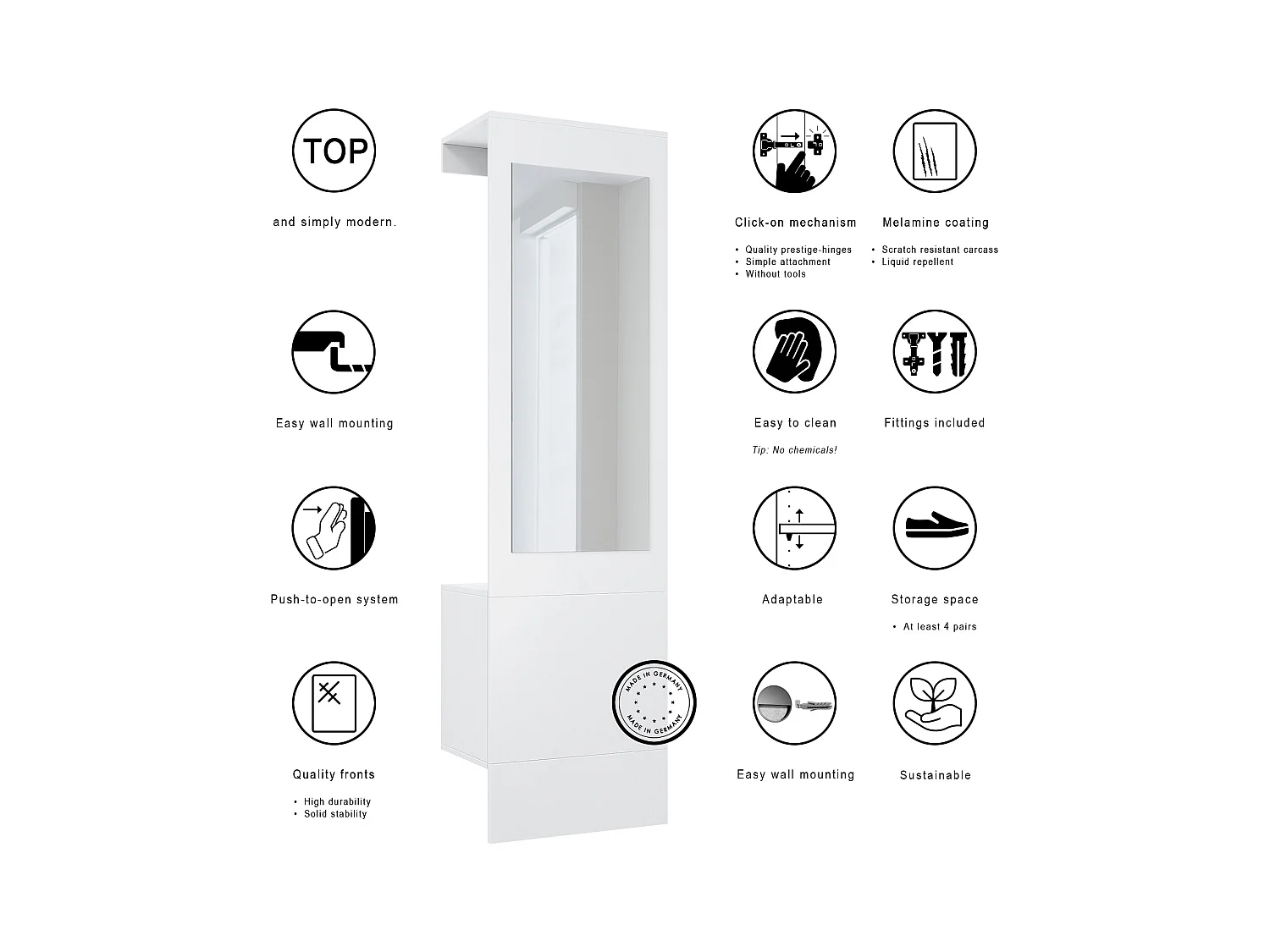 Garde-robe Carlton Neo, Porte-manteau mural avec panneau d'entrée, miroir, tringle à vêtements et armoire murale, blanc mat (52 x 193 x 35 cm)