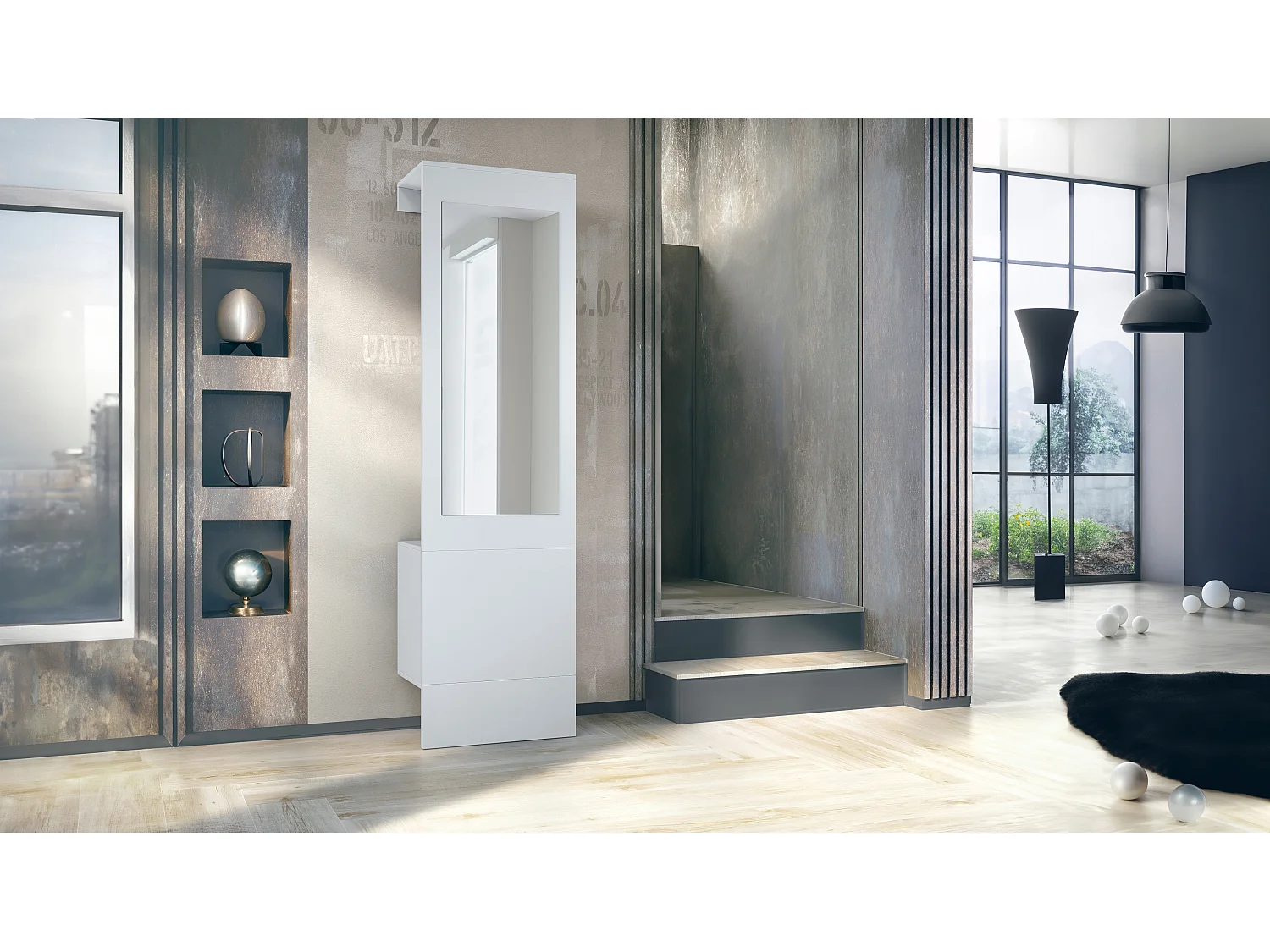 Garde-robe Carlton Neo, Porte-manteau mural avec panneau d'entrée, miroir, tringle à vêtements et armoire murale, blanc mat (52 x 193 x 35 cm)