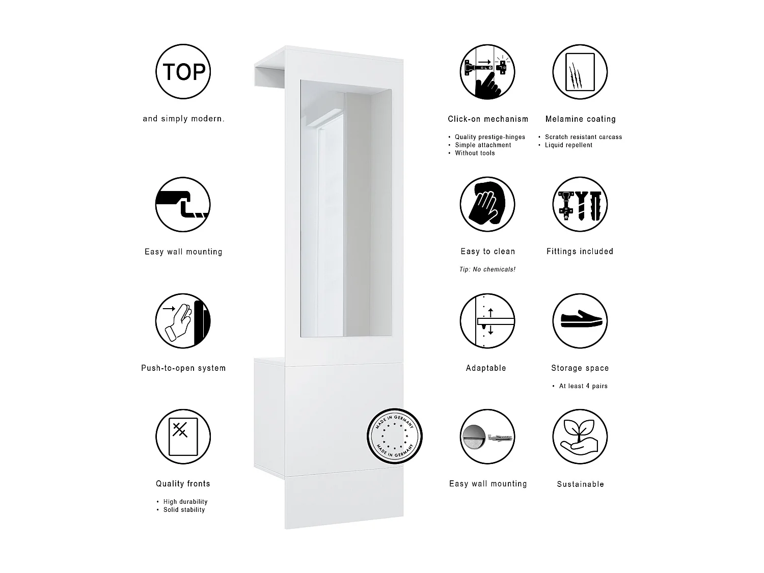 Garde-robe Carlton Neo, Porte-manteau mural avec panneau d'entrée, miroir, tringle à vêtements et armoire murale, blanc mat (52 x 193 x 35 cm)