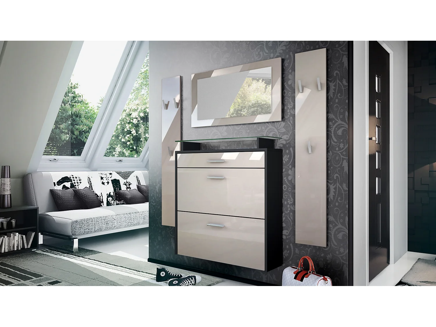 Penderie Malea, Meuble d’entrée comprenant 1 commode à chaussures murale, 1 miroir mural et 2 panneaux porte-manteaux, Noir mat/Gris sable haute brillance