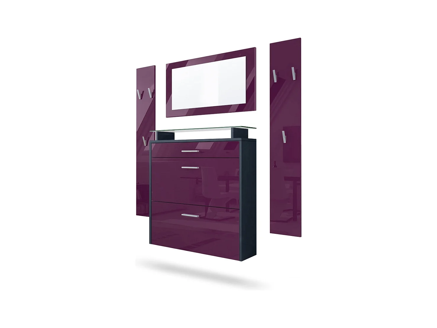 Penderie Malea, Meuble d’entrée comprenant 1 commode à chaussures murale, 1 miroir mural et 2 panneaux porte-manteaux, Anthracite mat/Mûre haute brillance