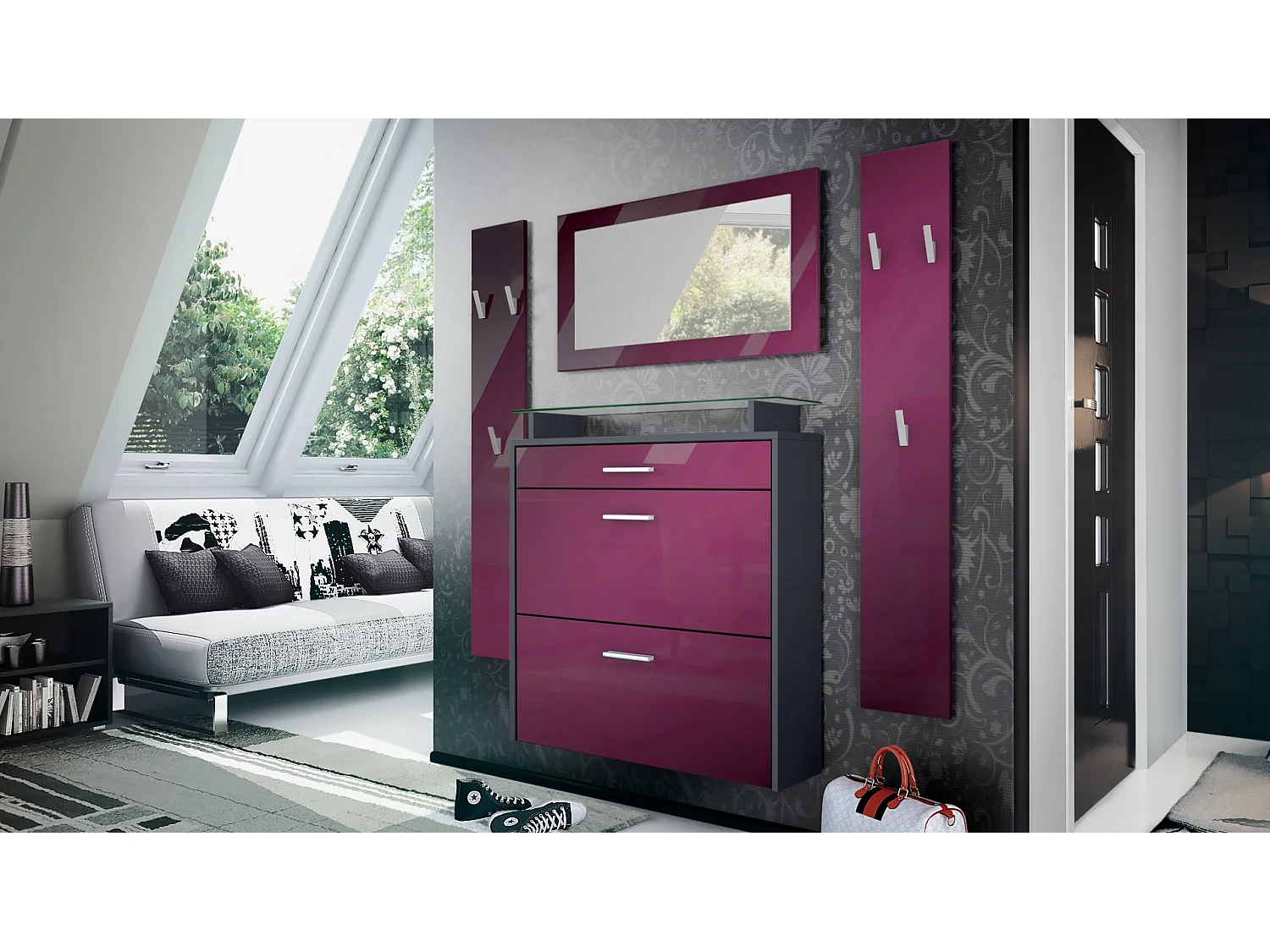 Vladon Mueble recibidor Malea, Mueble de entrada compuesto por 1 Zapatero colgante, 1 Espejo de pared y 2 Percheros, Antracita mate/Zarzamora de alto brillo