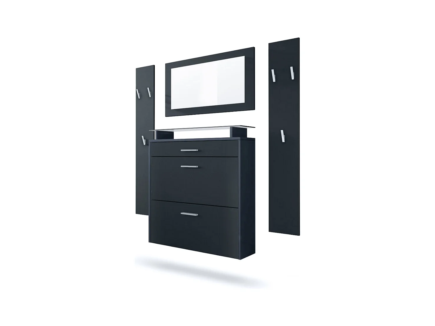 Penderie Malea, Meuble d’entrée comprenant 1 commode à chaussures murale, 1 miroir mural et 2 panneaux porte-manteaux, Anthracite mat/Noir mat