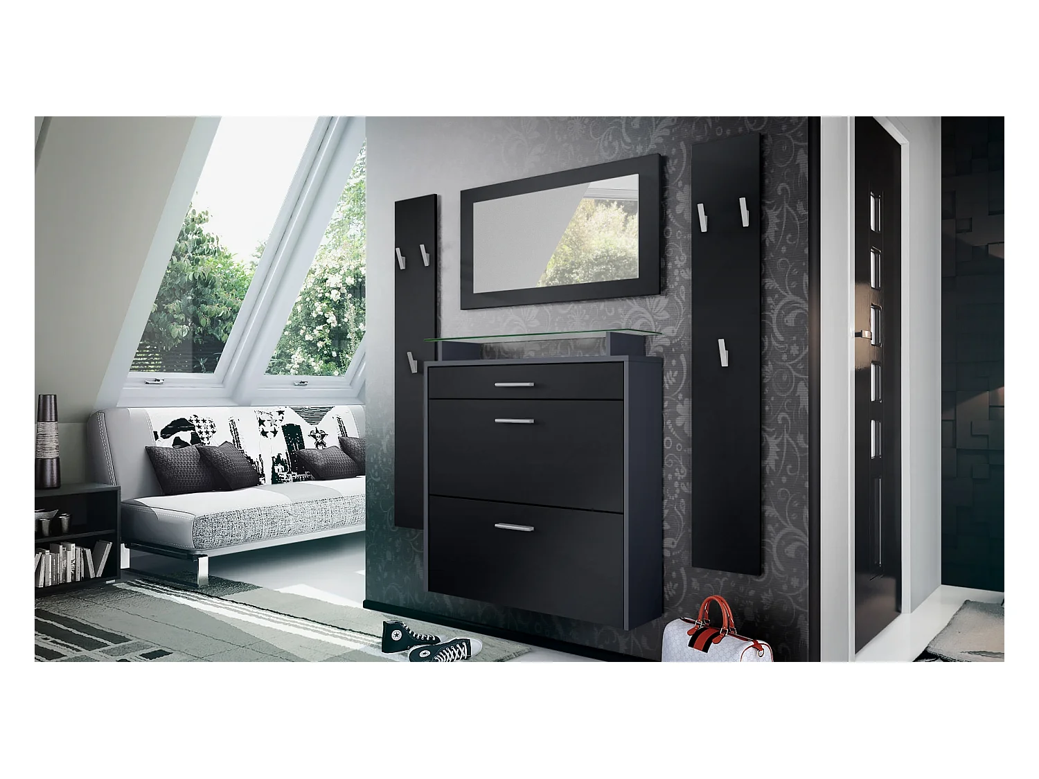 Penderie Malea, Meuble d’entrée comprenant 1 commode à chaussures murale, 1 miroir mural et 2 panneaux porte-manteaux, Anthracite mat/Noir mat