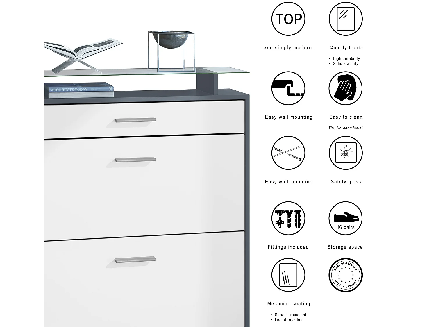 Penderie Malea, Meuble d’entrée comprenant 1 commode à chaussures murale, 1 miroir mural et 2 panneaux porte-manteaux, Anthracite mat/Noir mat