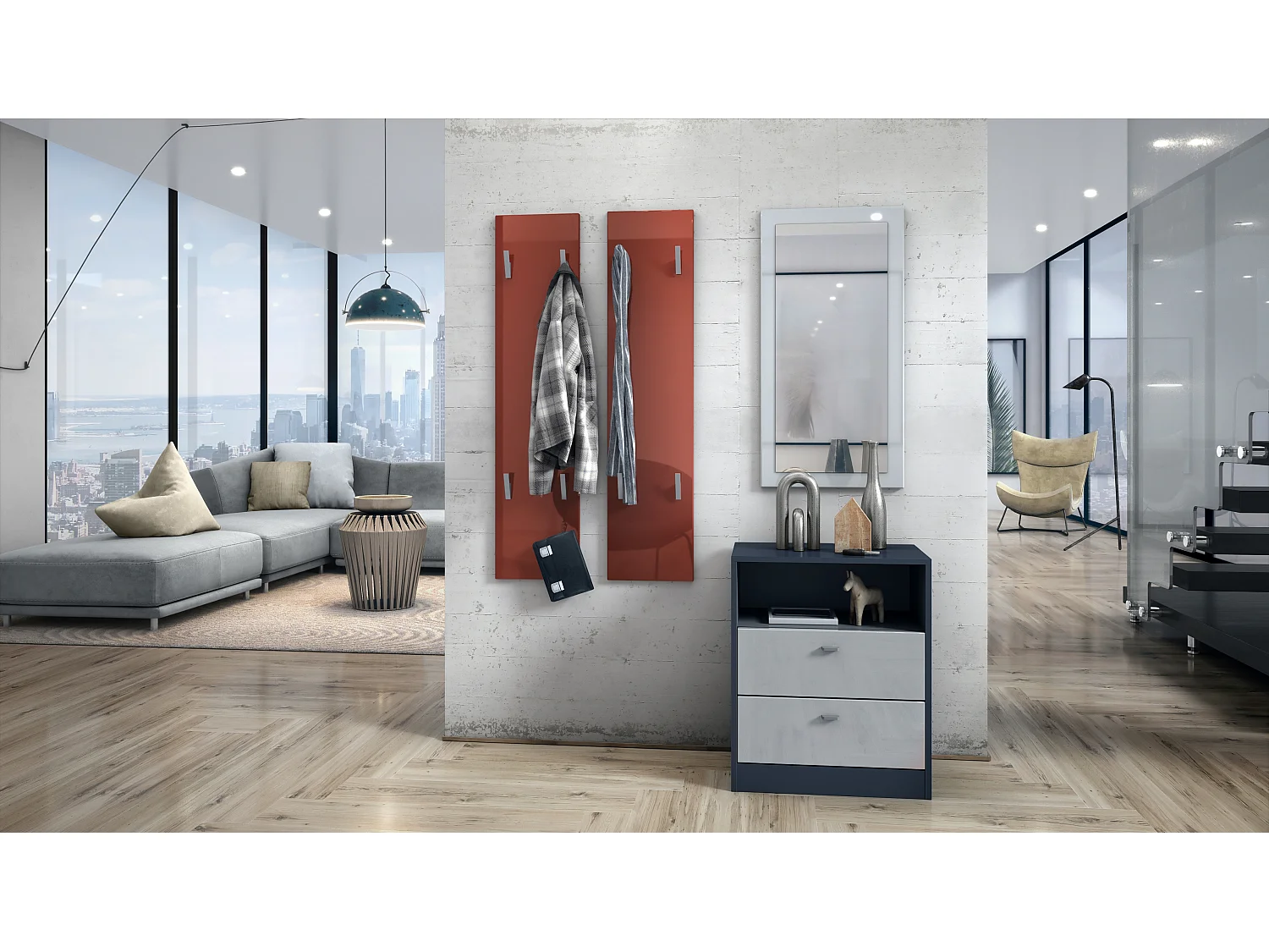 Panneau mural 120, Panneau de porte-manteau comprenant 2 panneaux, Bordeaux haute brillance (28 x 120 x 2 cm chacun)