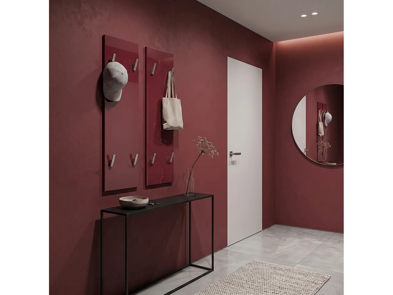 Panneau mural 120, Panneau de porte-manteau comprenant 2 panneaux, Bordeaux haute brillance (28 x 120 x 2 cm chacun)