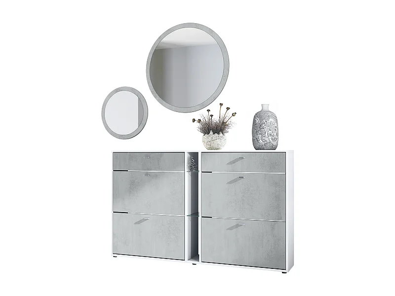 Ensemble de vestiaire Florence avec armoire à chaussures et 2 miroirs muraux, Fabriqué en ALLEMAGNE, blanc mat/aspect béton oxyde