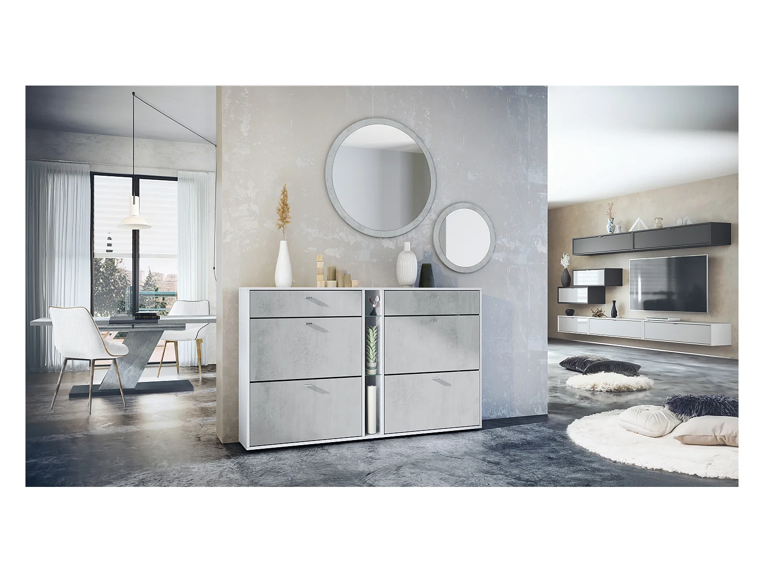 Conjunto de guardarropa Florence con zapatero y 2 espejos de pared, Hecho en ALEMANIA, blanco mate/hormigón oxidado