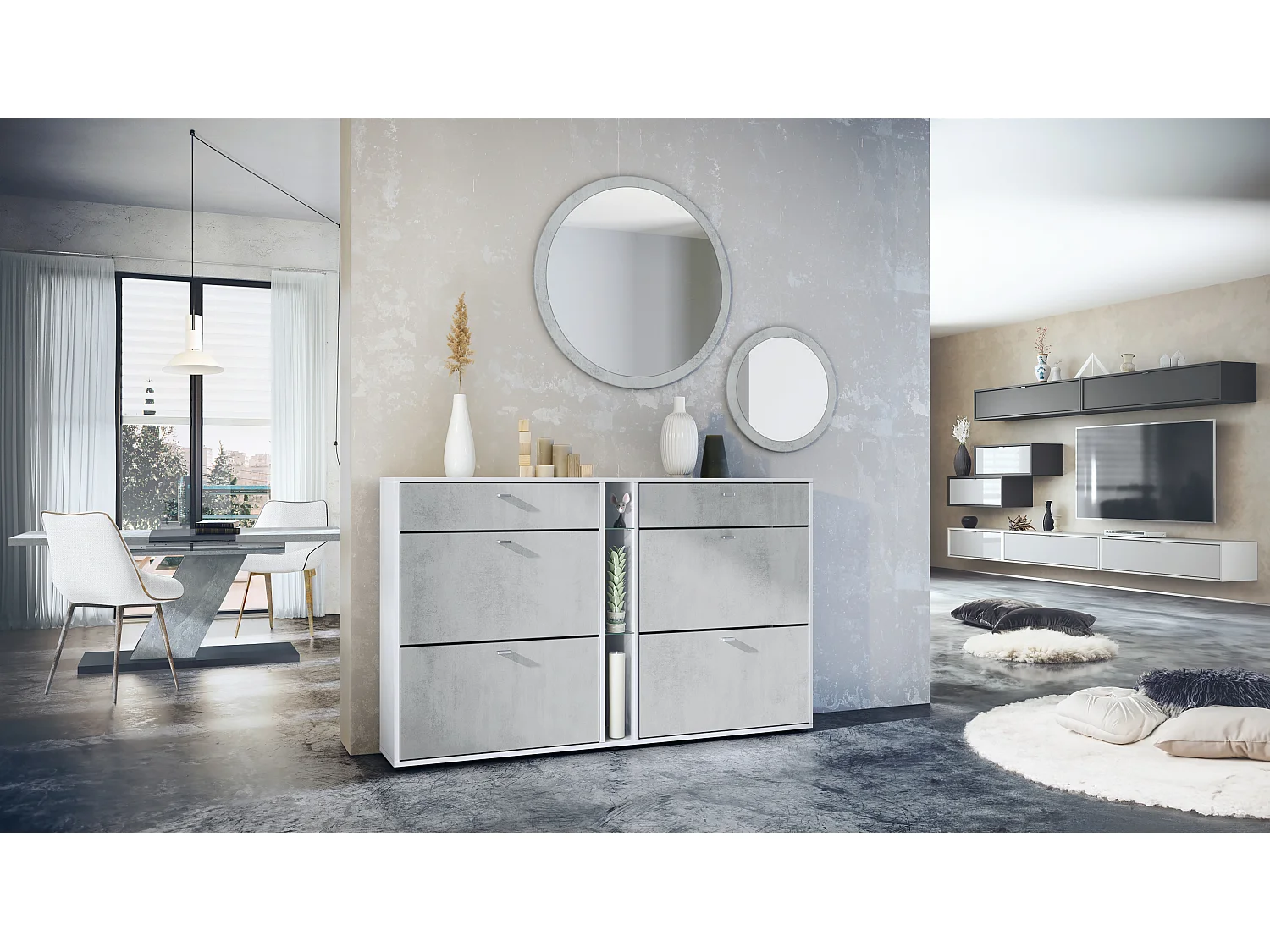 Ensemble de vestiaire Florence avec armoire à chaussures et 2 miroirs muraux, Fabriqué en ALLEMAGNE, blanc mat/aspect béton oxyde