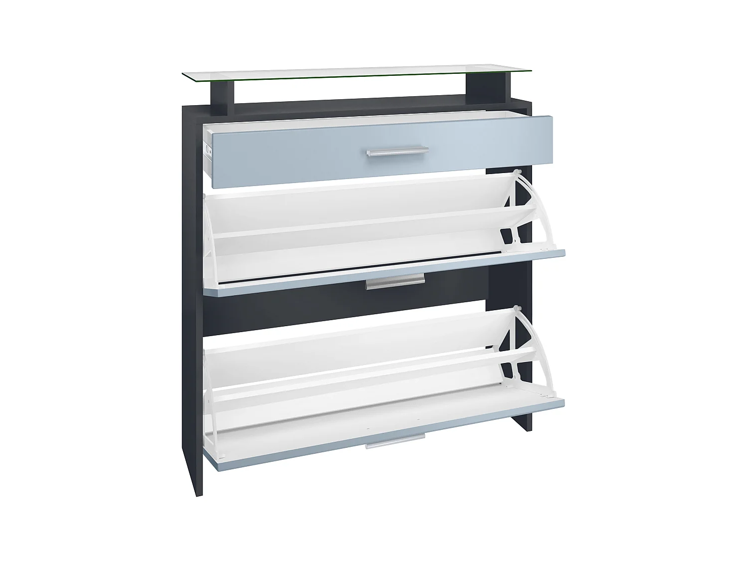 Malea Hallway Storage Set, Set da ingresso con 1 scarpiera a muro, 1 specchio a muro e 2 pannelli appendiabiti, antracite/ grigio sabbia lucido