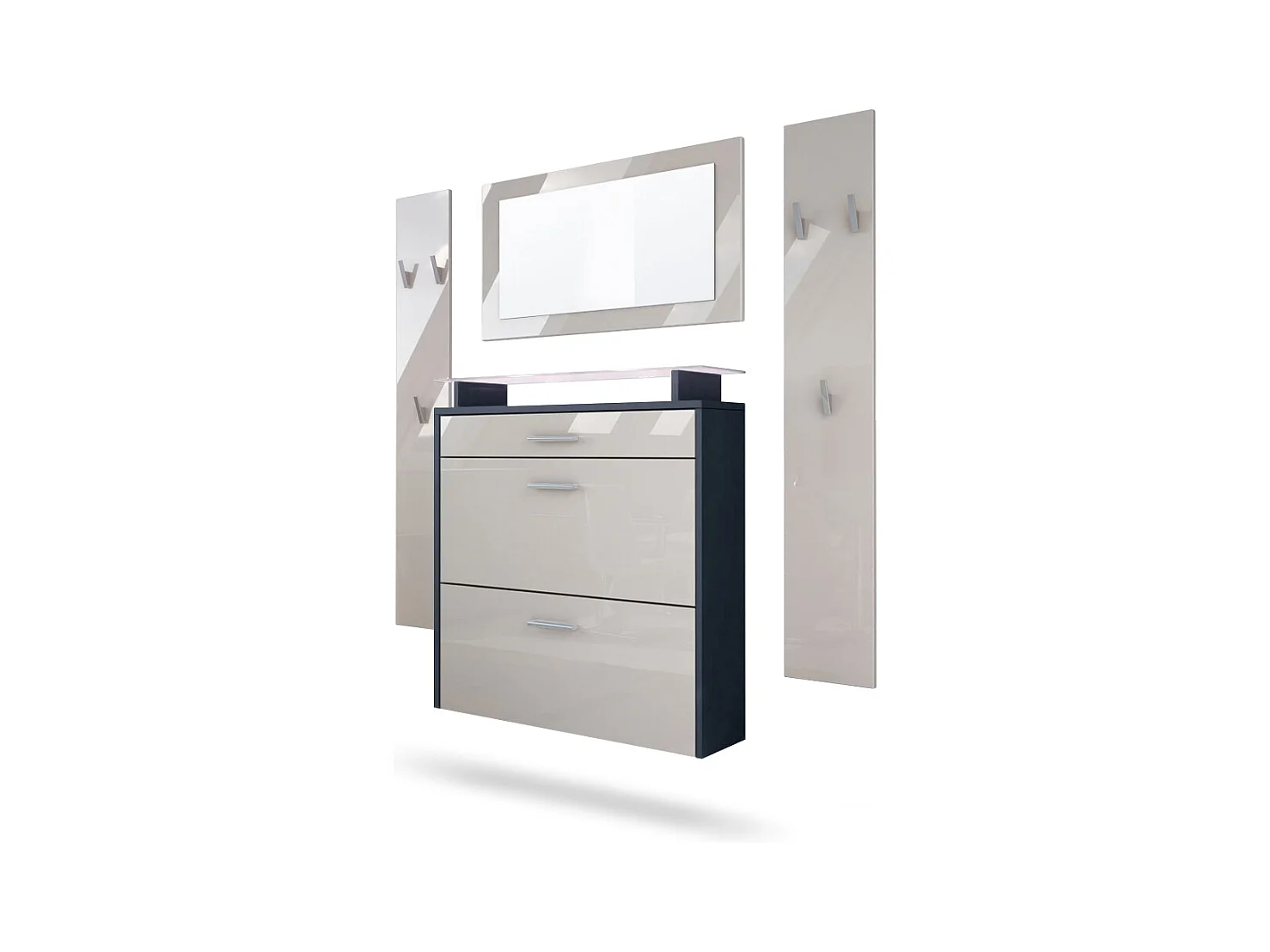 Penderie Malea, Meuble d’entrée comprenant 1 commode à chaussures, 1 miroir et 2 panneaux porte-manteaux, Anthracite mat/Gris sable brillant, LED blanc inclus