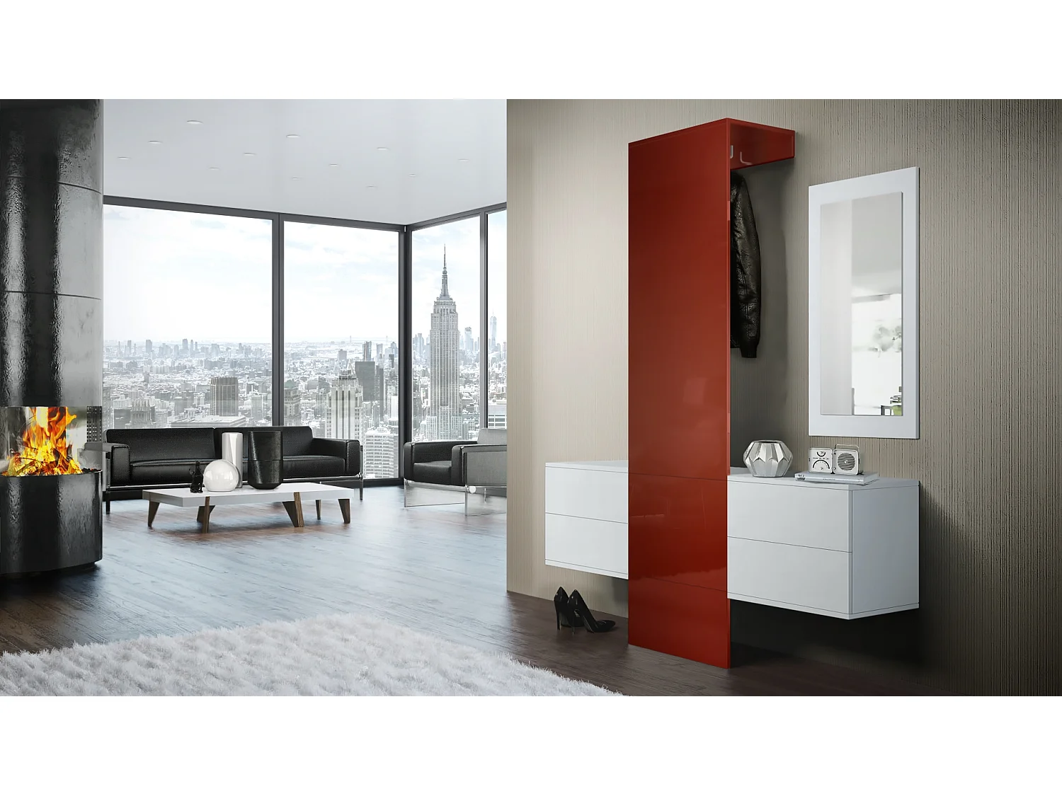 Vestiaire Garderobe Carlton Set 3, Corps en Blanc mat / Panneau portemanteau en bordeaux haute brillance