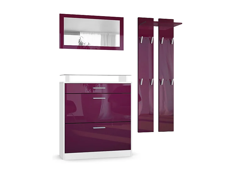 Penderie Loret Mini, Meuble d’entrée comprenant 1 commode à chaussures, 1 miroir mural et 2 panneaux porte-manteaux, Blanc mat/Mûre haute brillance