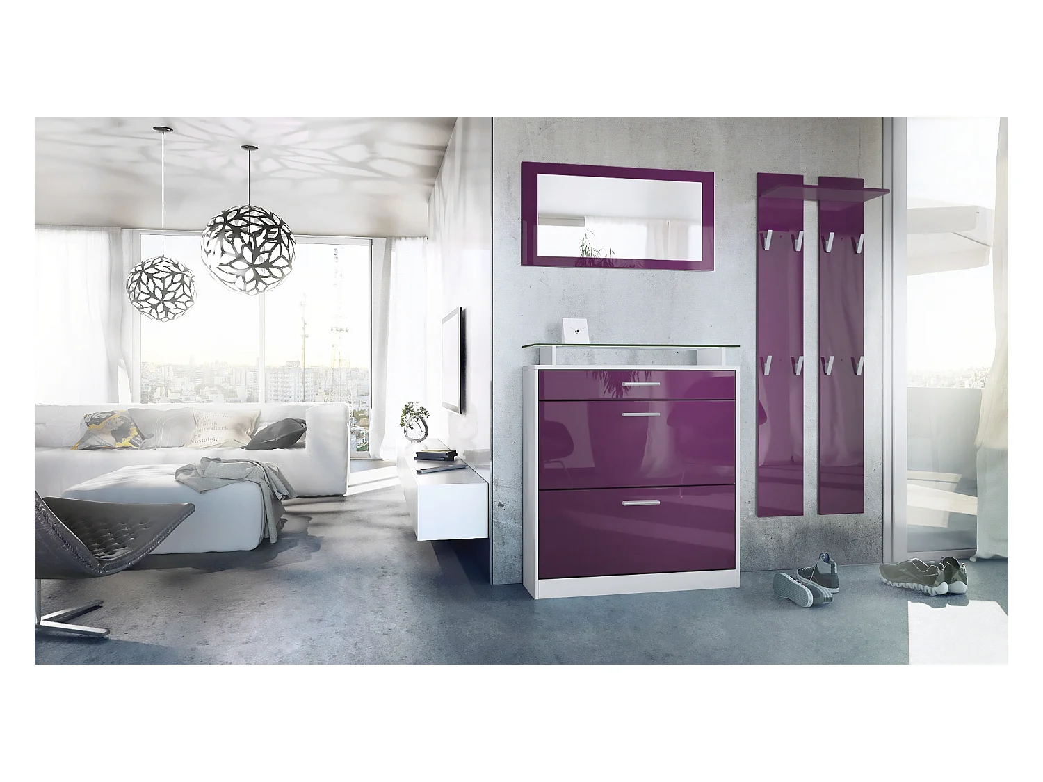 Penderie Loret Mini, Meuble d’entrée comprenant 1 commode à chaussures, 1 miroir mural et 2 panneaux porte-manteaux, Blanc mat/Mûre haute brillance