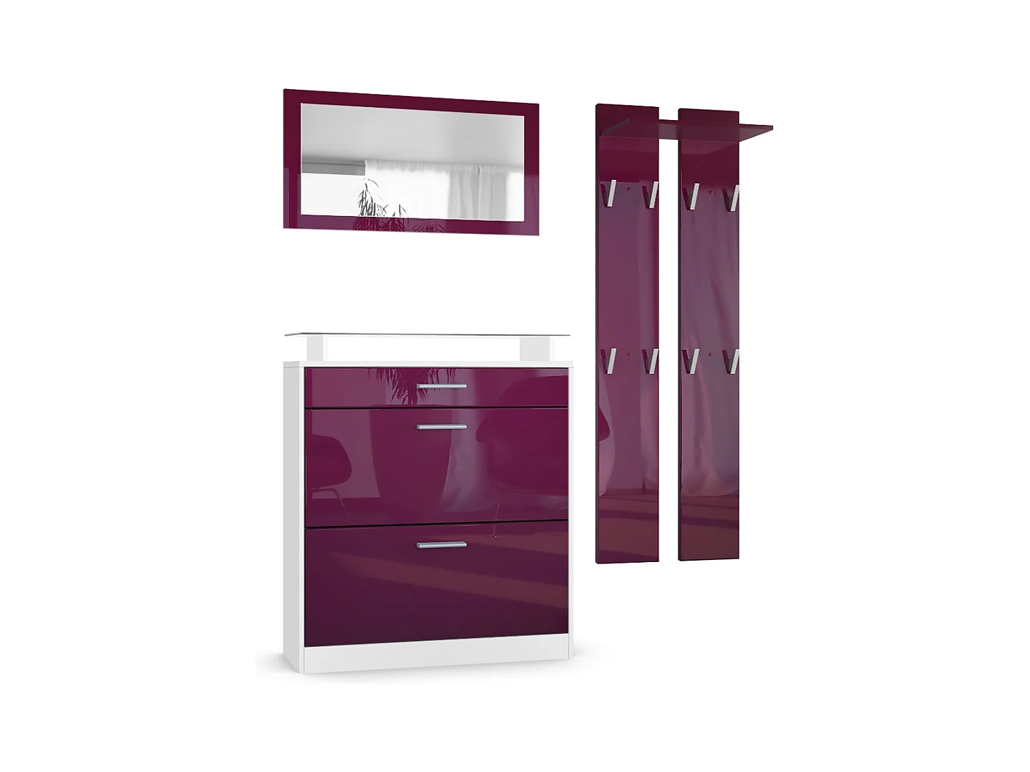 Penderie Loret Mini, Meuble d’entrée comprenant 1 commode à chaussures, 1 miroir mural et 2 panneaux porte-manteaux, Blanc mat/Mûre haute brillance