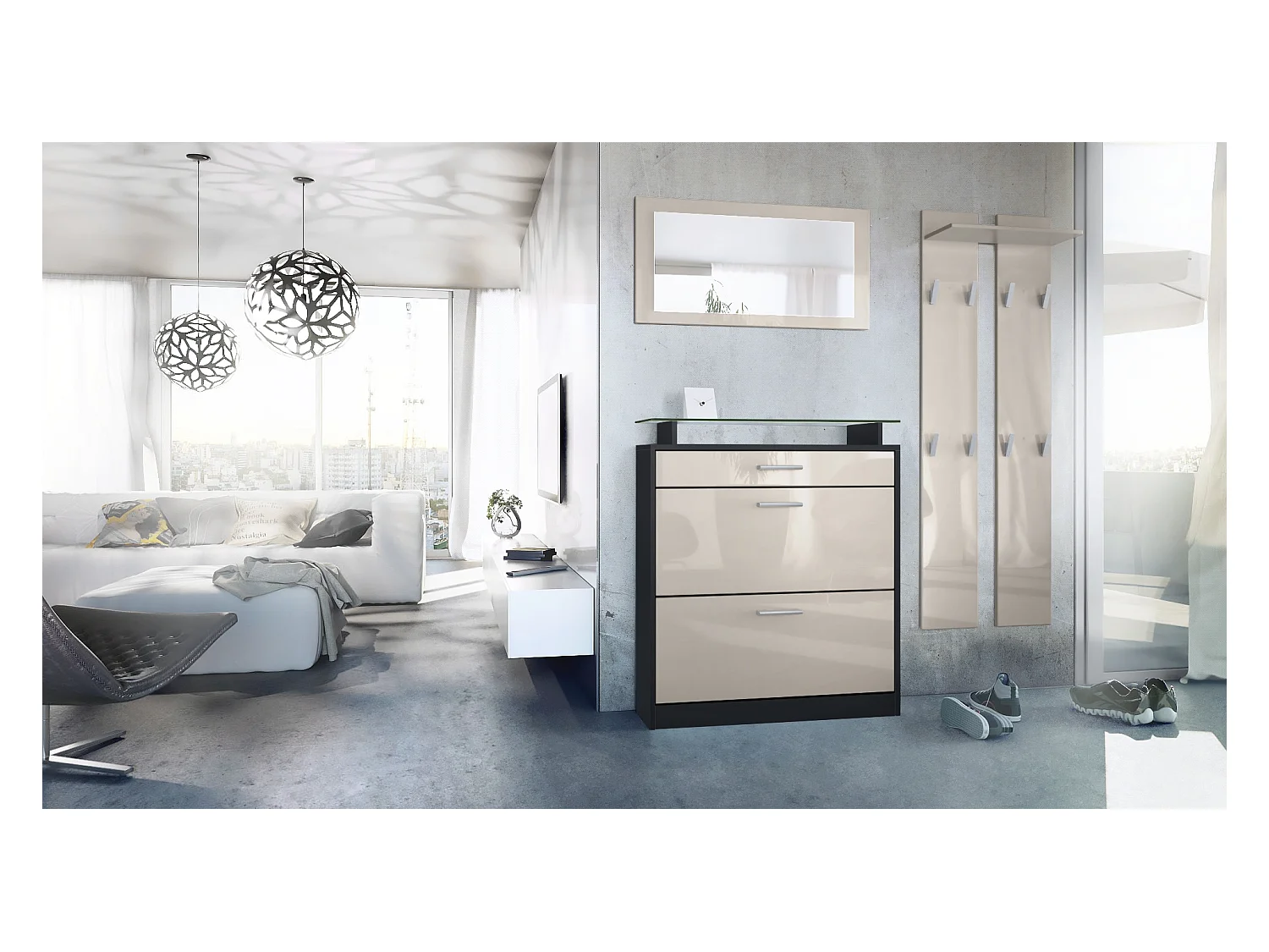 Penderie Loret Mini, Meuble d’entrée comprenant 1 commode à chaussures, 1 miroir mural et 2 panneaux porte-manteaux, Noir mat/Gris sable haute brillance